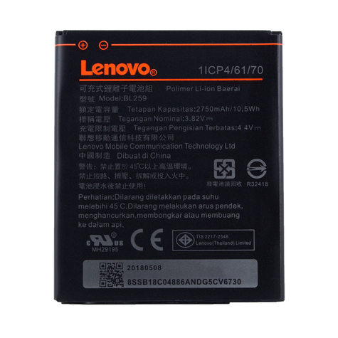 Lenovo Batteria Ai Polimeri Di Litio Bl-259 Lenovo Lemon K3, K5 Plus, K32, C30 2750 Mah